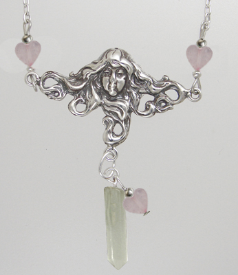 Sterling Silver Woman Maiden of the Gentle Heart Necklace With Clear Quartz And Rose Quartz Heart